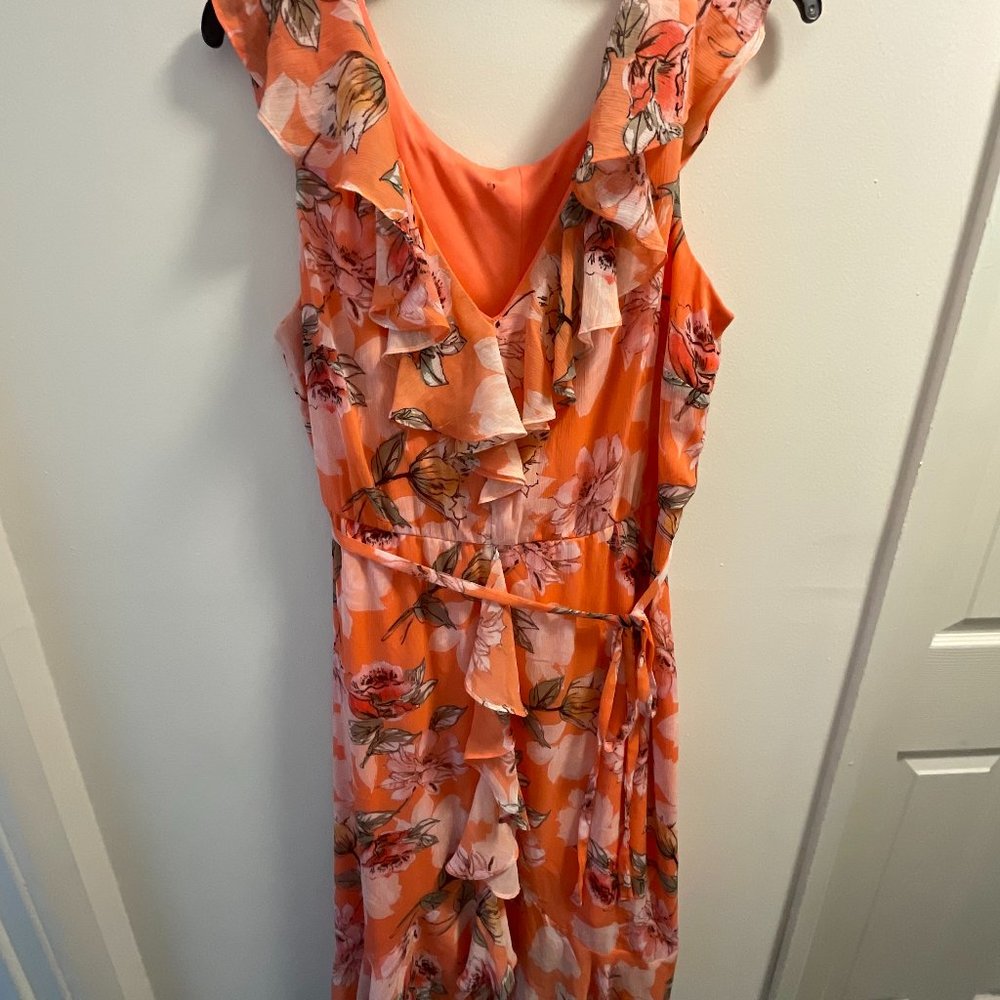 R&M Richards Coral Chiffon Ruffle Floral Dress Size 18W No tags